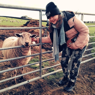 Mossie our brand ambassador visiting Merrick the sheep we sponsor
