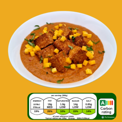 Tempeh curry on bowl with nutrition facts
